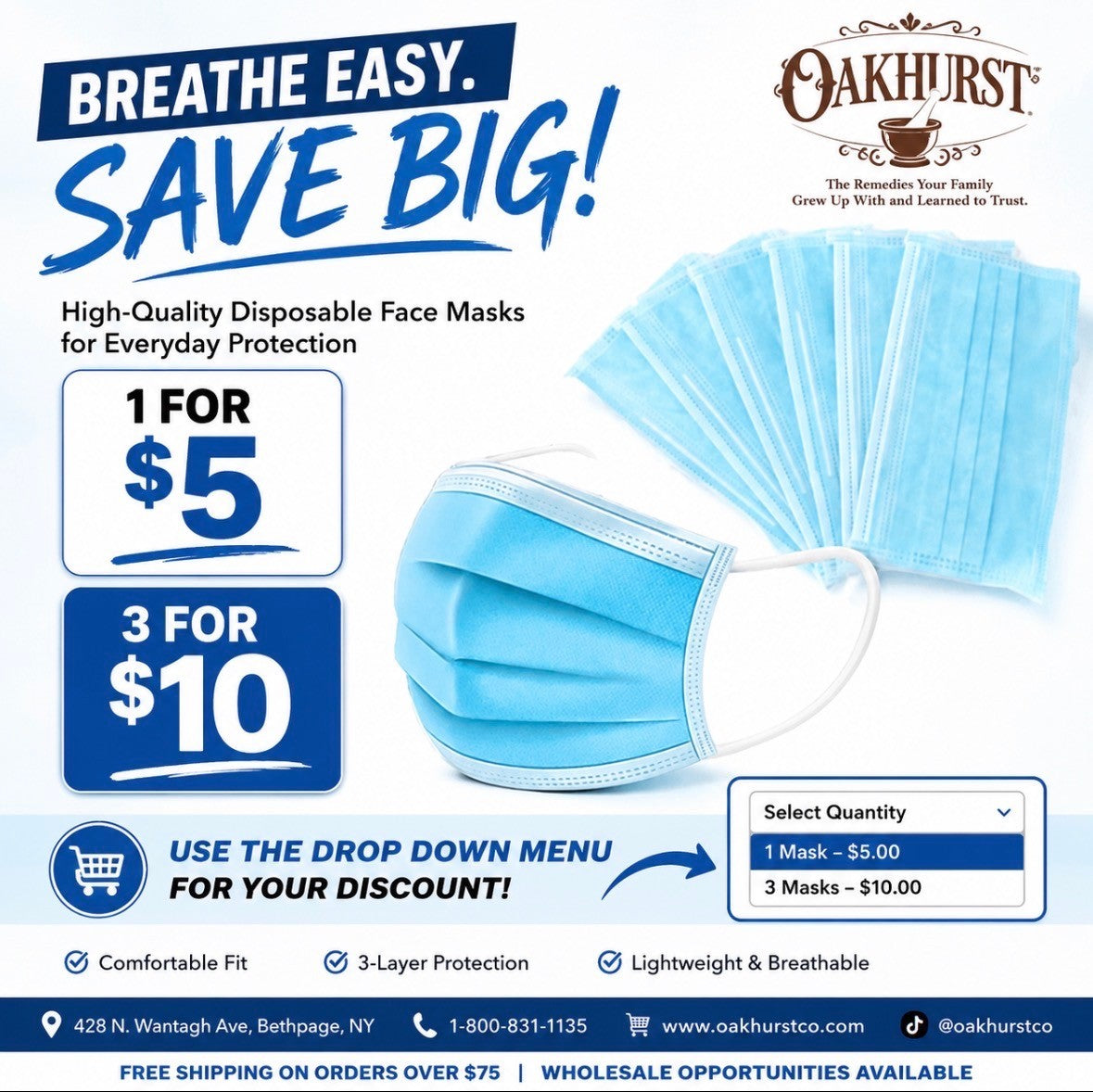 **ON SALE **  MASKS   3 Ply Disposable Mask   Box of 50  $5.00